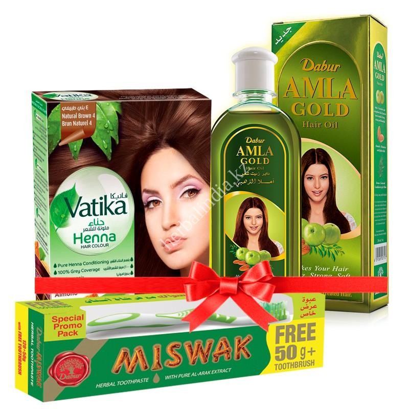 ПРОМО НАБОР ХНА VATIKA NATURAL BROWN 6X10 Г + МАСЛО АМЛЫ ДЛЯ ВОЛОС 200 МЛ + ЗУБНАЯ ПАСТА С МИСВАКОМ 190 Г + ЗУБНАЯ ЩЕТКА